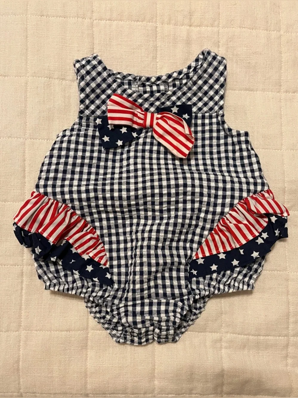 Bonnie Baby Navy Gingham One-Piece with Red & White Bow